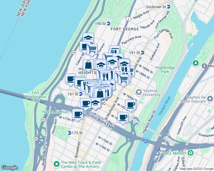 map of restaurants, bars, coffee shops, grocery stores, and more near 703 West 184th Street in New York