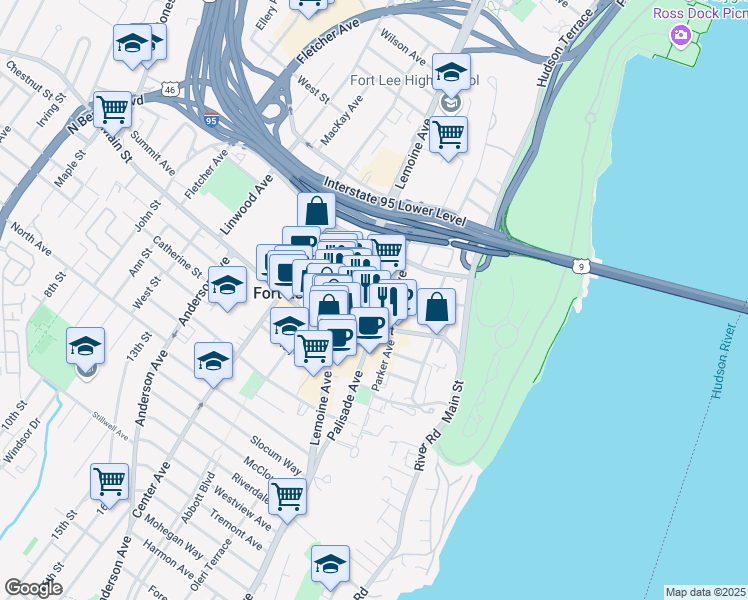 map of restaurants, bars, coffee shops, grocery stores, and more near 675 Park Avenue in Fort Lee