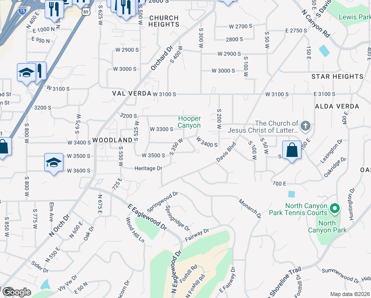 map of restaurants, bars, coffee shops, grocery stores, and more near 336 West 3500 South in Bountiful