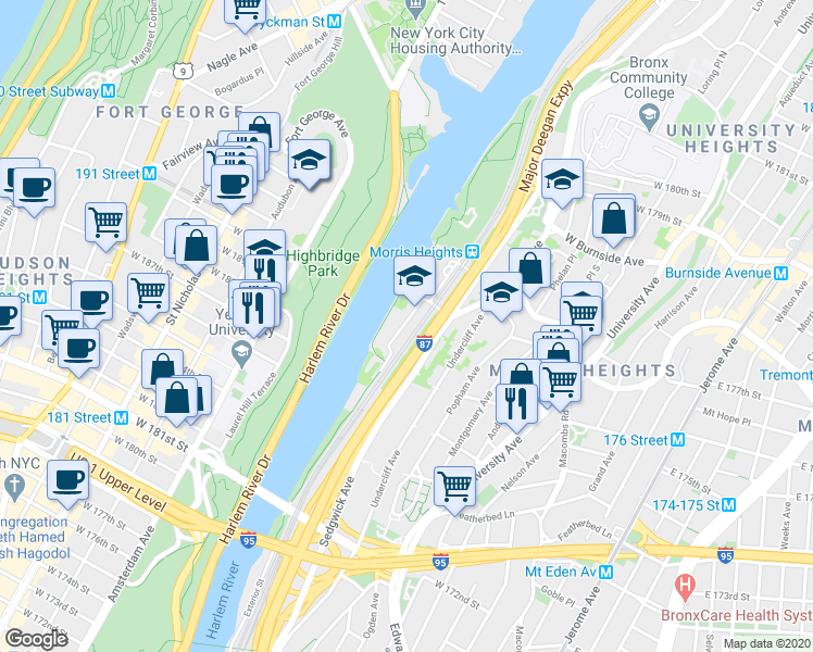 map of restaurants, bars, coffee shops, grocery stores, and more near 35 Richman Plaza in The Bronx