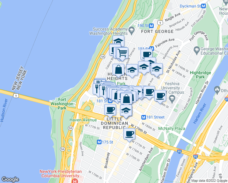 map of restaurants, bars, coffee shops, grocery stores, and more near Fort Washington Avenue in New York