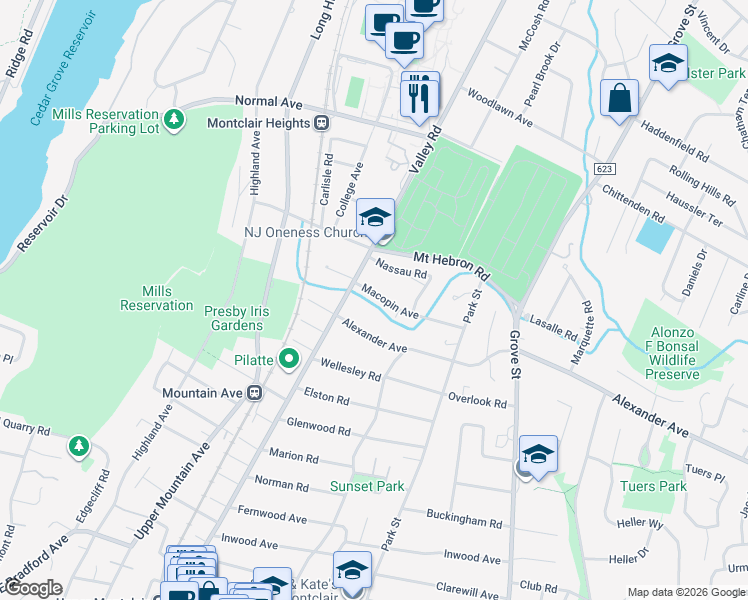 map of restaurants, bars, coffee shops, grocery stores, and more near 36 Macopin Avenue in Montclair