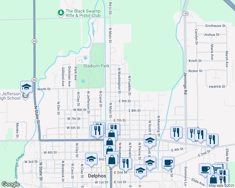 map of restaurants, bars, coffee shops, grocery stores, and more near 1000 North Washington Street in Delphos