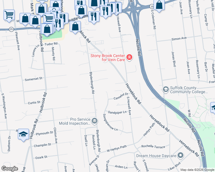map of restaurants, bars, coffee shops, grocery stores, and more near 10 Springbriar Lane in Centereach