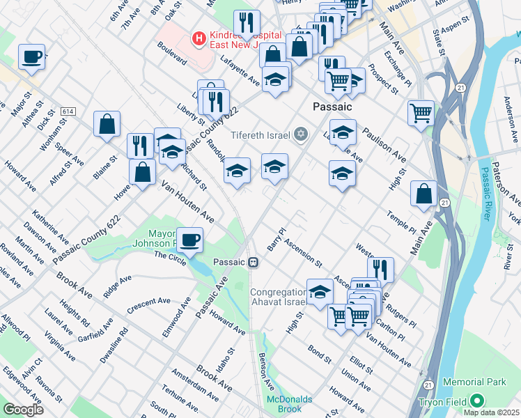 map of restaurants, bars, coffee shops, grocery stores, and more near 270 Passaic Avenue in Passaic
