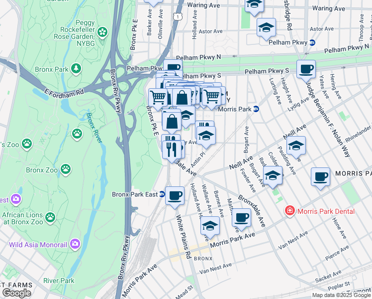 map of restaurants, bars, coffee shops, grocery stores, and more near 2041 Holland Avenue in Bronx