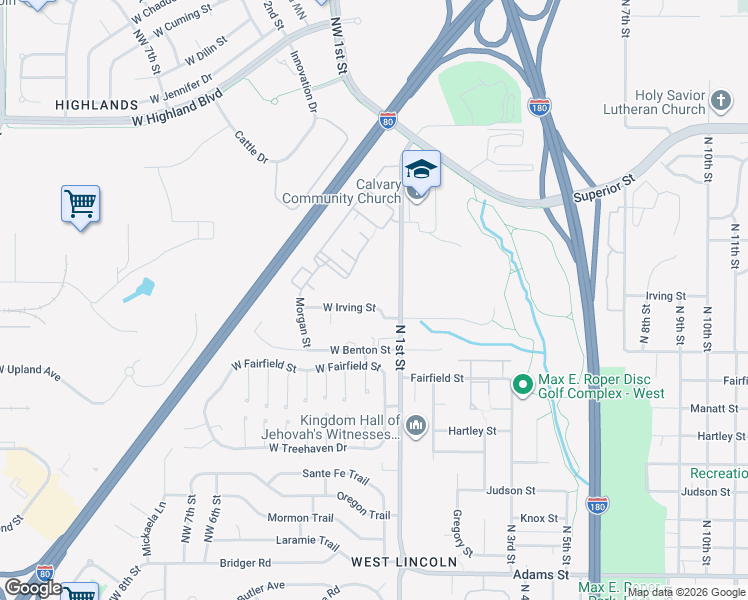 map of restaurants, bars, coffee shops, grocery stores, and more near 4101 North 1st Street in Lincoln