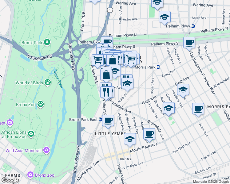 map of restaurants, bars, coffee shops, grocery stores, and more near in The Bronx
