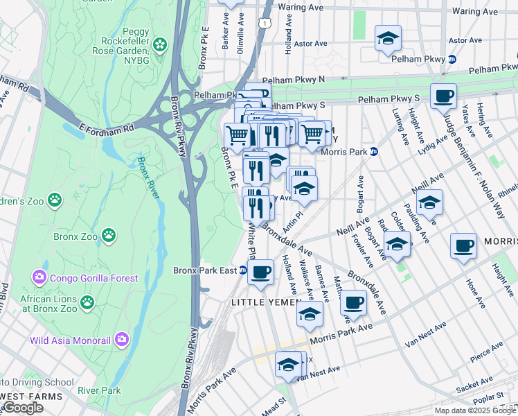 map of restaurants, bars, coffee shops, grocery stores, and more near 2072 White Plains Road in Bronx