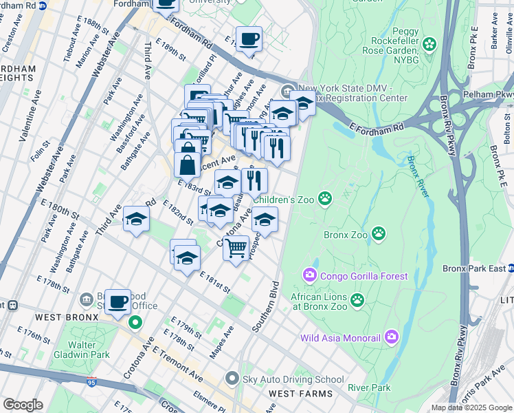 map of restaurants, bars, coffee shops, grocery stores, and more near in The Bronx