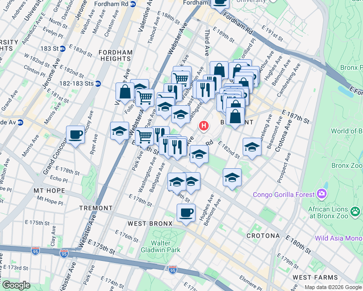 map of restaurants, bars, coffee shops, grocery stores, and more near 4441 3rd Avenue in The Bronx