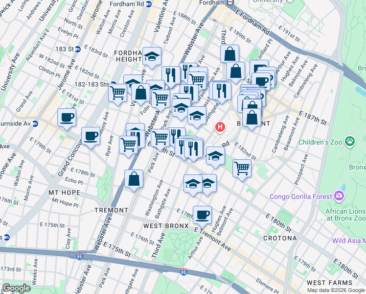 map of restaurants, bars, coffee shops, grocery stores, and more near 2130 Washington Avenue in Bronx