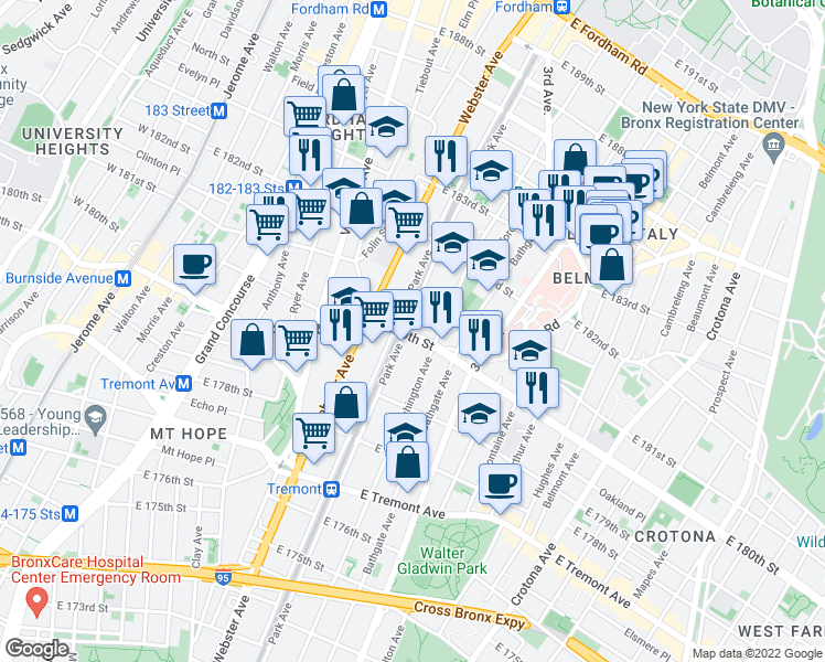 map of restaurants, bars, coffee shops, grocery stores, and more near in The Bronx