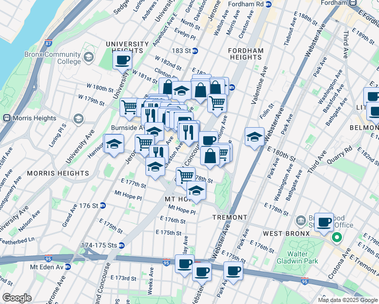 map of restaurants, bars, coffee shops, grocery stores, and more near in The Bronx