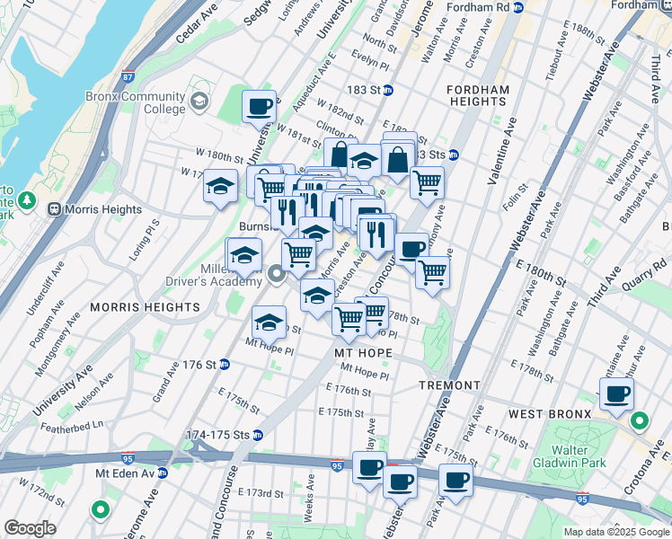 map of restaurants, bars, coffee shops, grocery stores, and more near 2021 Morris Avenue in The Bronx