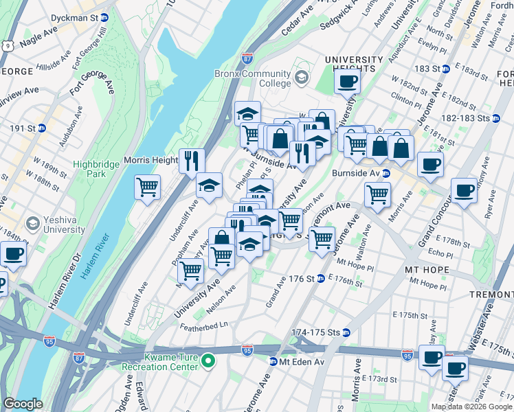 map of restaurants, bars, coffee shops, grocery stores, and more near 1820 Loring Place South in Bronx