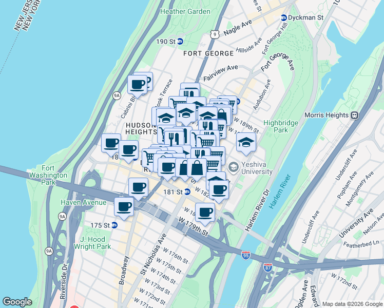 map of restaurants, bars, coffee shops, grocery stores, and more near 639 West 185th Street in New York