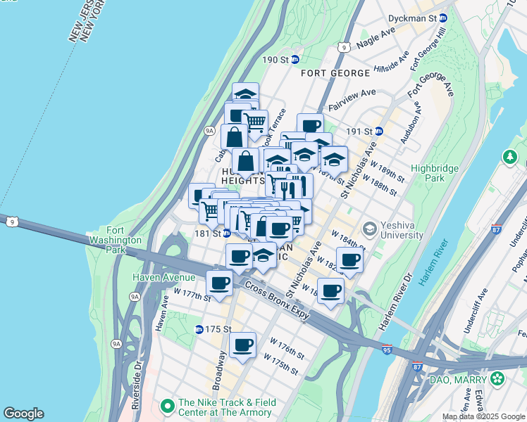 map of restaurants, bars, coffee shops, grocery stores, and more near 56 Bennett Avenue in New York