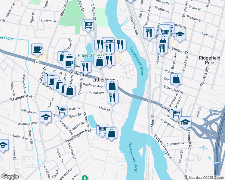 map of restaurants, bars, coffee shops, grocery stores, and more near 136 Bergen Turnpike in Little Ferry