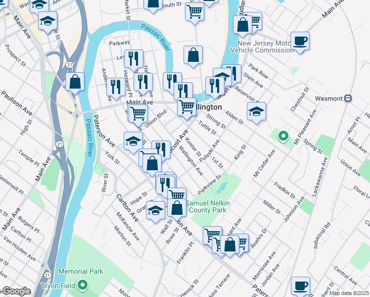map of restaurants, bars, coffee shops, grocery stores, and more near 17 Koster Street in Wallington