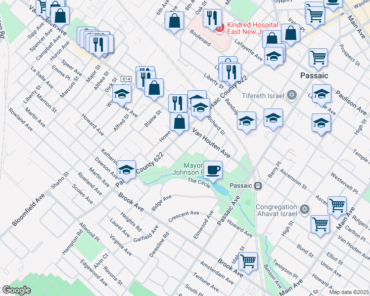 map of restaurants, bars, coffee shops, grocery stores, and more near 435 Broadway in Passaic