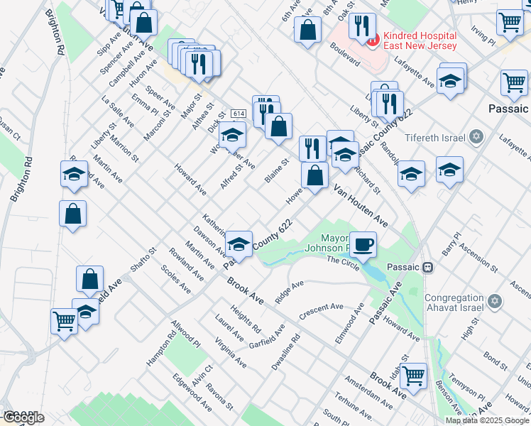 map of restaurants, bars, coffee shops, grocery stores, and more near 21 Guenther Place in Passaic