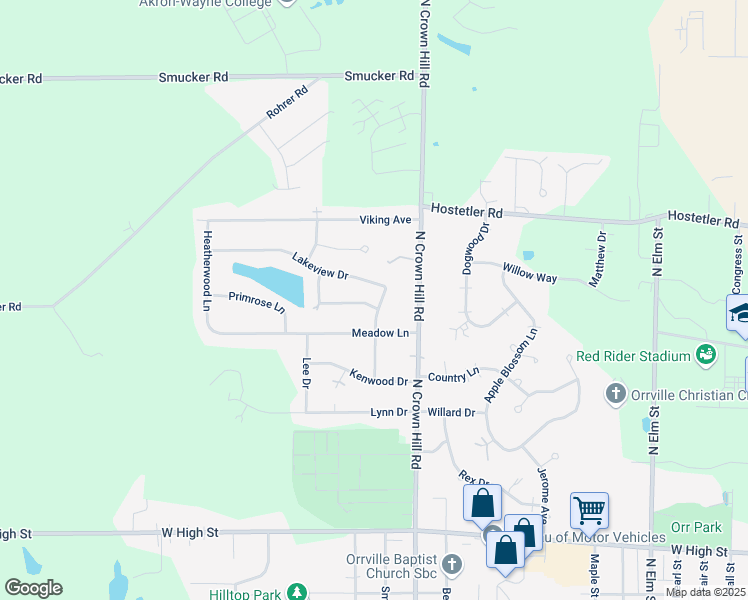 map of restaurants, bars, coffee shops, grocery stores, and more near 1811 Lakeview Drive in Orrville