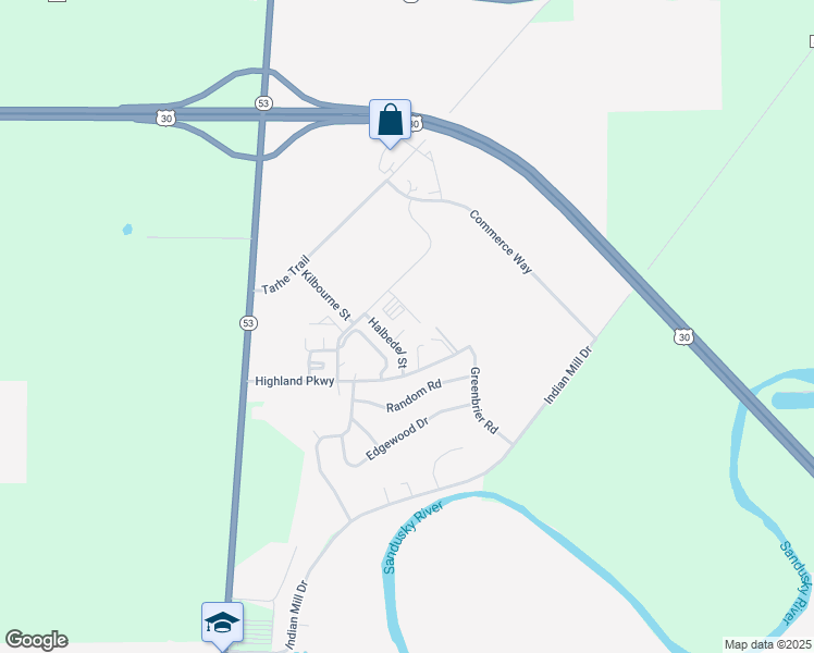 map of restaurants, bars, coffee shops, grocery stores, and more near Broadview Street in Upper Sandusky
