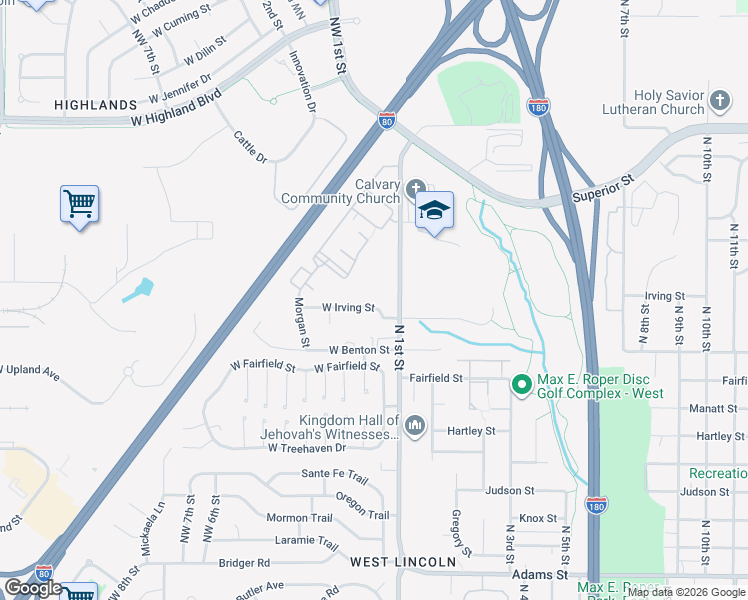 map of restaurants, bars, coffee shops, grocery stores, and more near 4101 North 1st Street in Lincoln