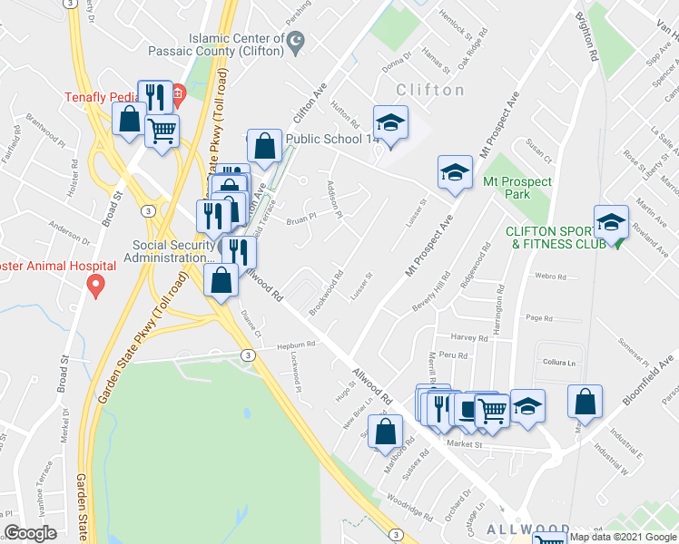 map of restaurants, bars, coffee shops, grocery stores, and more near 14 Oakwood Court in Clifton