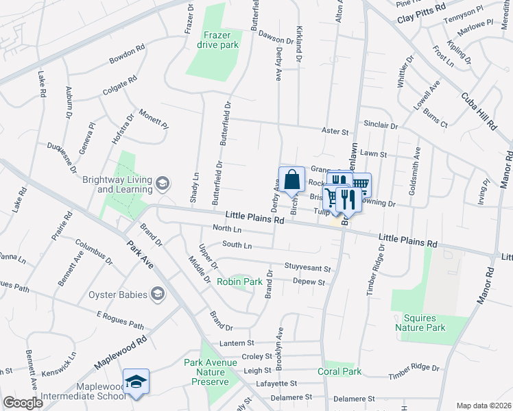 map of restaurants, bars, coffee shops, grocery stores, and more near 91 Little Plains Road in Huntington
