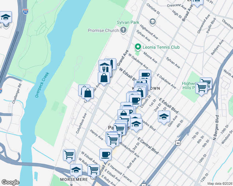 map of restaurants, bars, coffee shops, grocery stores, and more near 66 Liberty Place in Palisades Park