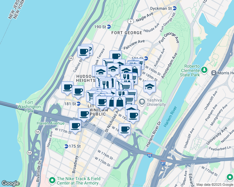 map of restaurants, bars, coffee shops, grocery stores, and more near 235 Wadsworth Avenue in New York