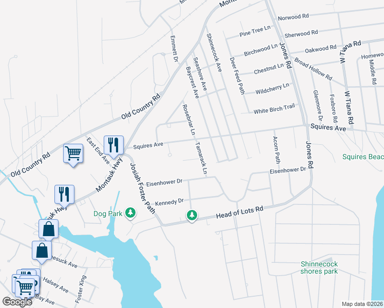 map of restaurants, bars, coffee shops, grocery stores, and more near 2 Tamarack Lane in East Quogue