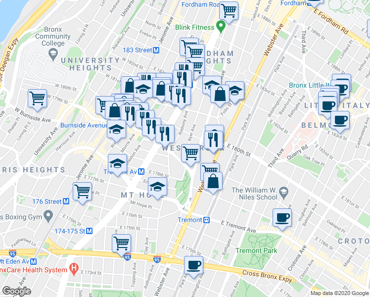 map of restaurants, bars, coffee shops, grocery stores, and more near 2051 Ryer Avenue in Bronx