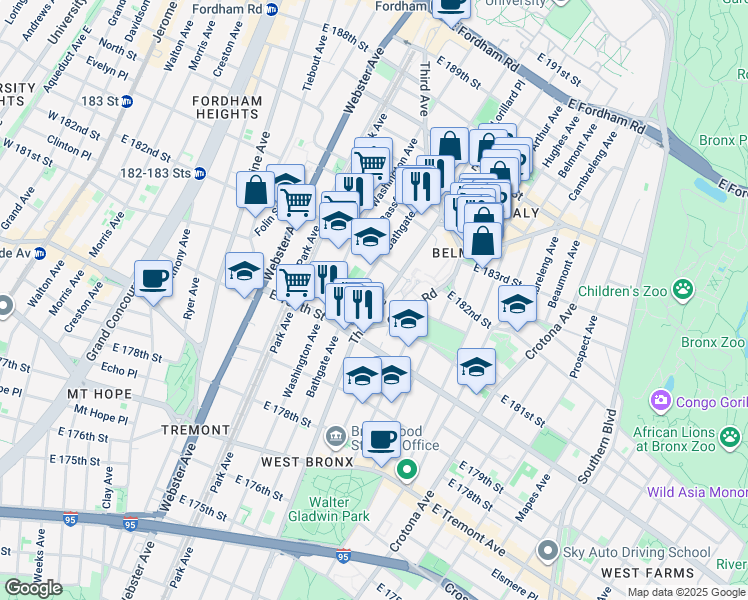 map of restaurants, bars, coffee shops, grocery stores, and more near 4441 3rd Avenue in The Bronx