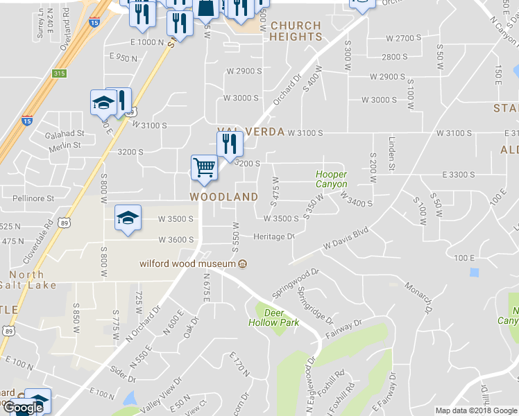map of restaurants, bars, coffee shops, grocery stores, and more near 3433 South 525 West in Bountiful