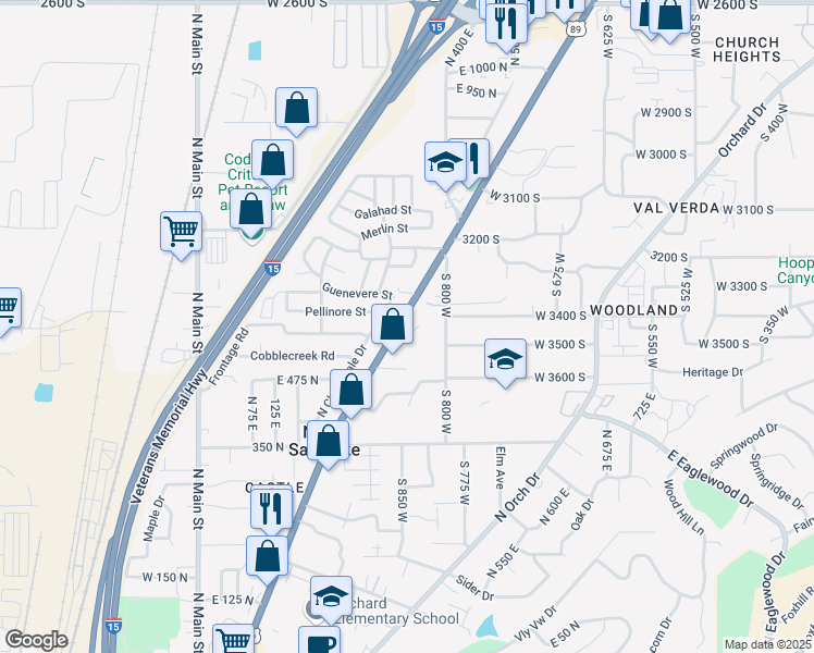 map of restaurants, bars, coffee shops, grocery stores, and more near 3439 U.S. Highway 89 in Bountiful