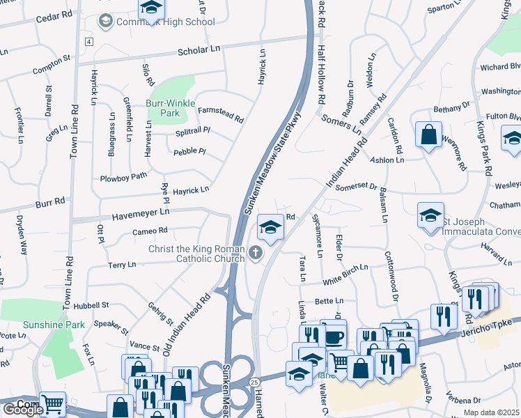 map of restaurants, bars, coffee shops, grocery stores, and more near 112 Cowie Road in Commack