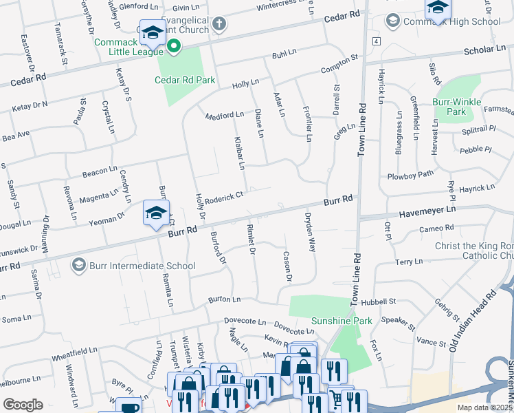 map of restaurants, bars, coffee shops, grocery stores, and more near 16 Roderick Court in East Northport