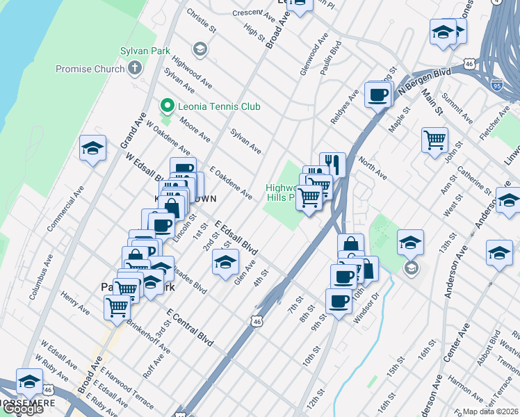 map of restaurants, bars, coffee shops, grocery stores, and more near 3 Glenwood Avenue in Leonia