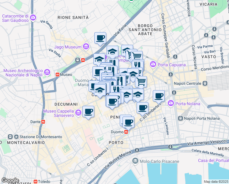 map of restaurants, bars, coffee shops, grocery stores, and more near 138 Via dei Tribunali in Napoli