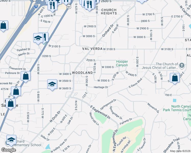 map of restaurants, bars, coffee shops, grocery stores, and more near 3433 South 525 West in Bountiful