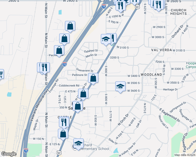 map of restaurants, bars, coffee shops, grocery stores, and more near 3381 South Main Street in Bountiful