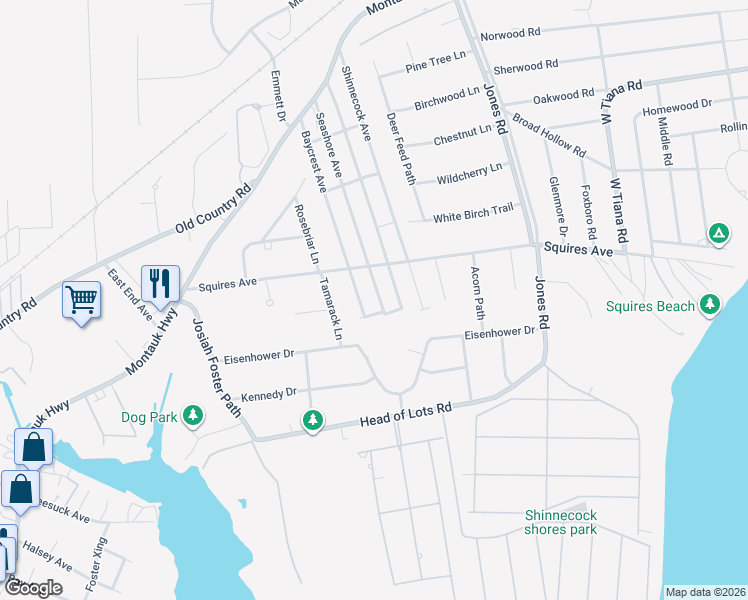 map of restaurants, bars, coffee shops, grocery stores, and more near 45 Seashore Avenue in East Quogue