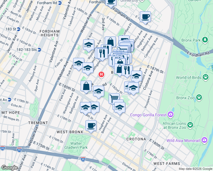 map of restaurants, bars, coffee shops, grocery stores, and more near 2276 Arthur Avenue in Bronx