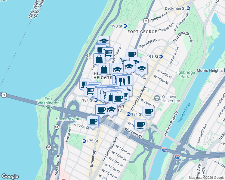 map of restaurants, bars, coffee shops, grocery stores, and more near 56 Bennett Avenue in New York