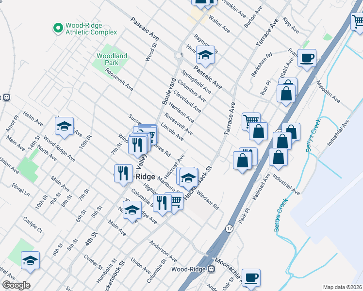 map of restaurants, bars, coffee shops, grocery stores, and more near 240 Lincoln Avenue in Hasbrouck Heights
