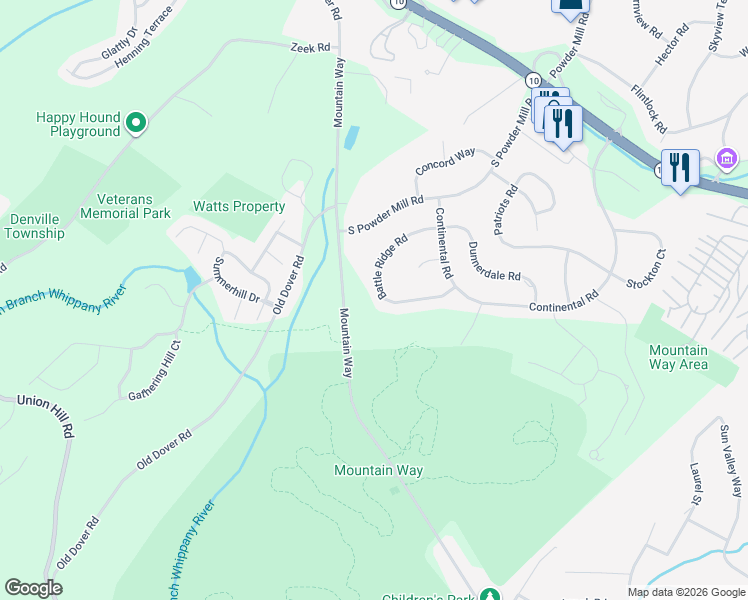 map of restaurants, bars, coffee shops, grocery stores, and more near 29 Battle Ridge Road in Morris Plains