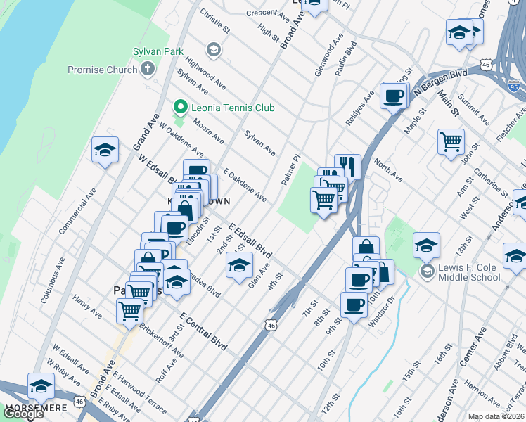 map of restaurants, bars, coffee shops, grocery stores, and more near 3 Glenwood Avenue in Leonia
